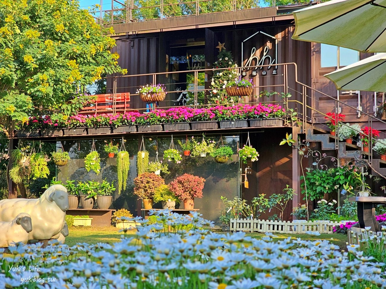 嘉義景點【幸福山丘HappyHill】夢幻花園貨櫃屋咖啡、空中步道、落羽松秘境、療癒大草皮～ - yuki.tw