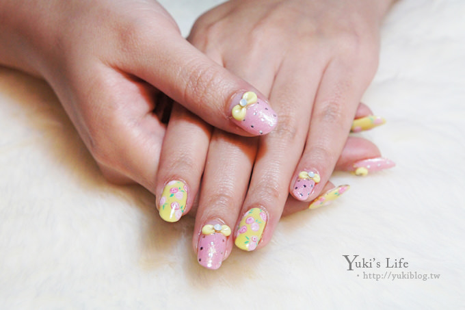 [光療美甲]板橋‧花季美甲Queeny Nail ~ 春天的玫瑰小花+黃色粉雕蝴蝶結 ❤ - yuki.tw