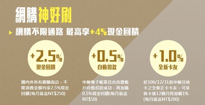 網購不限通路最高4%現金回饋【兆豐e秒刷鈦金卡】國內外平台均可使用(抽旅行包) - yuki.tw